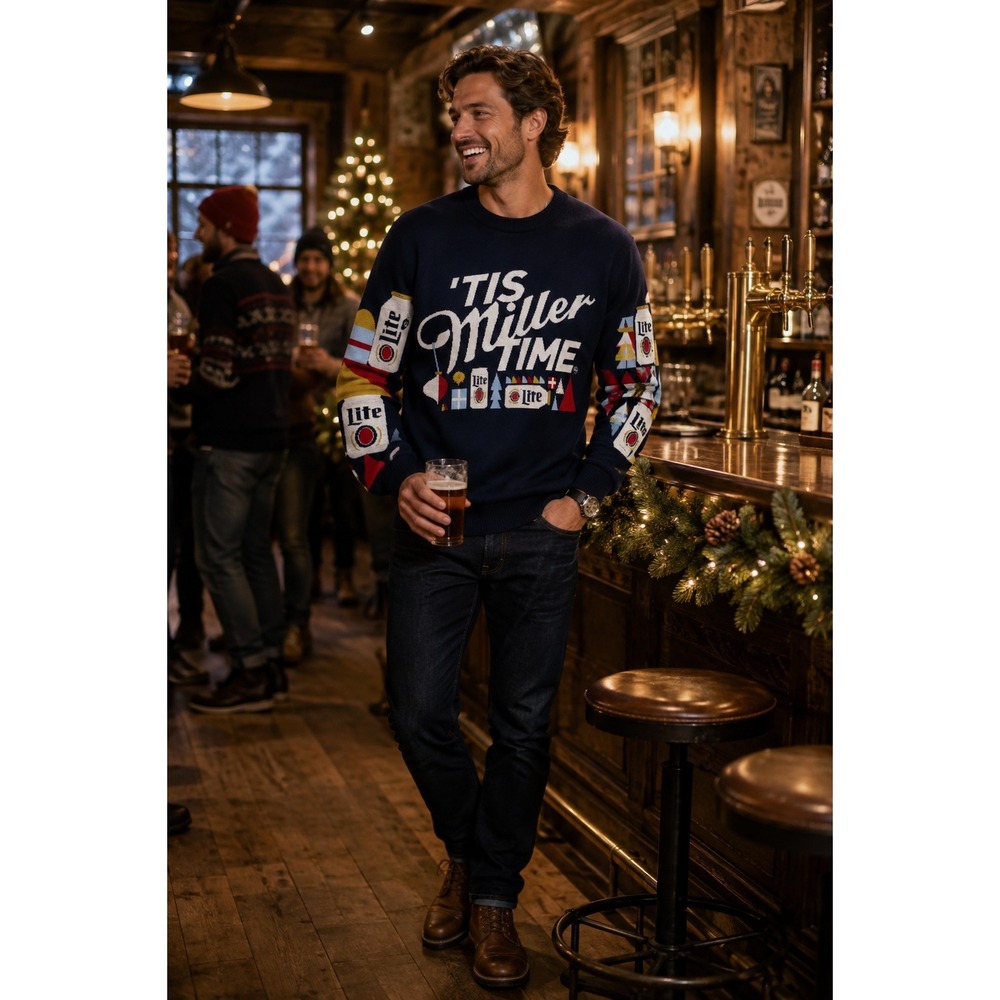 Miller Lite Tis Miller Time Christmas Sweater Men's Large Navy Holiday Knit Beer